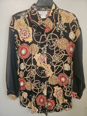 Studio C Vintage Black Chain-Print Blouse With Sheer Sleeves- Gold & Red Accents